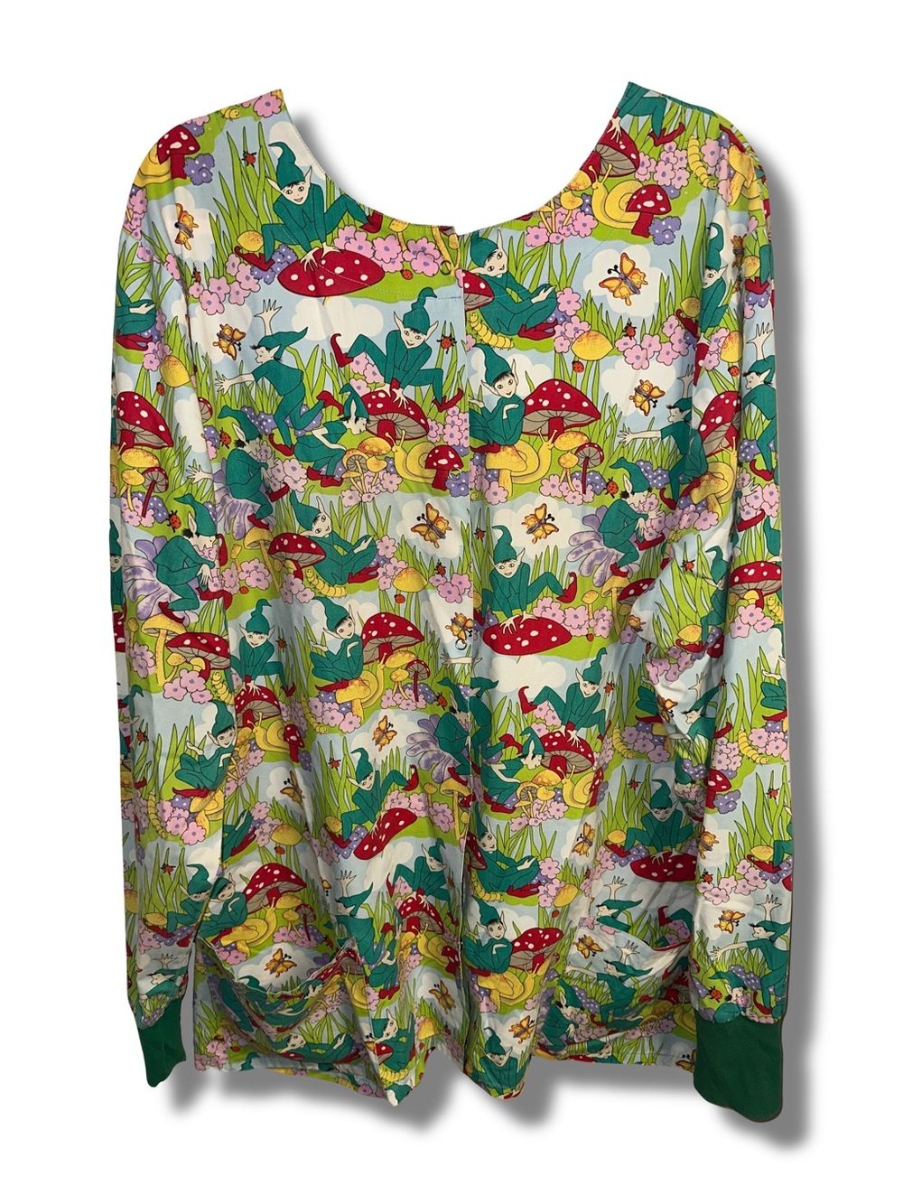 Vtg Whimsical Elf & Mushroom Print Scrub Jacket